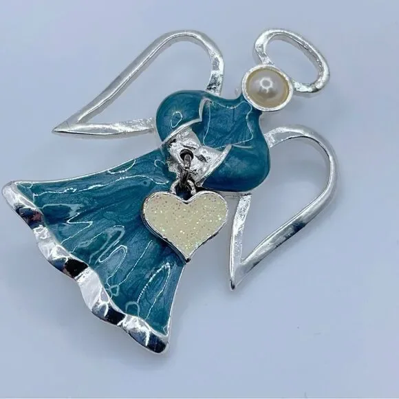 Angle Brooch Silver Tone Blue Swirl Enamel Heart Charm Faux Pearl Halo Wings - Picture 7 of 10